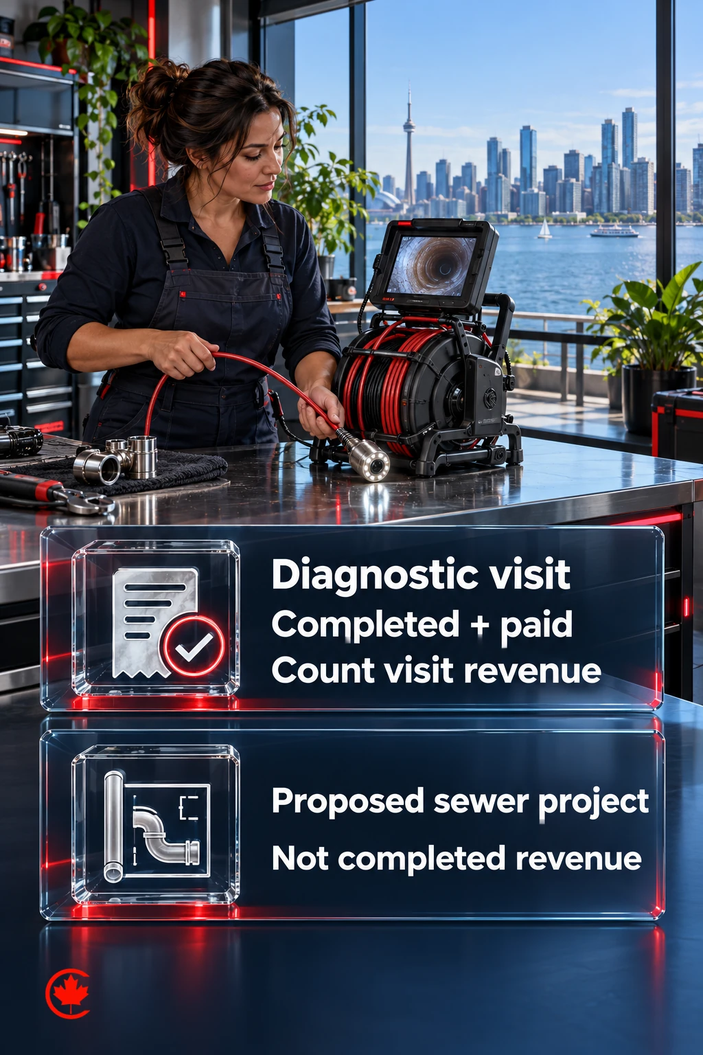 A plumbing owner separates a completed, paid diagnostic visit from a proposed sewer project that is not yet completed revenue.