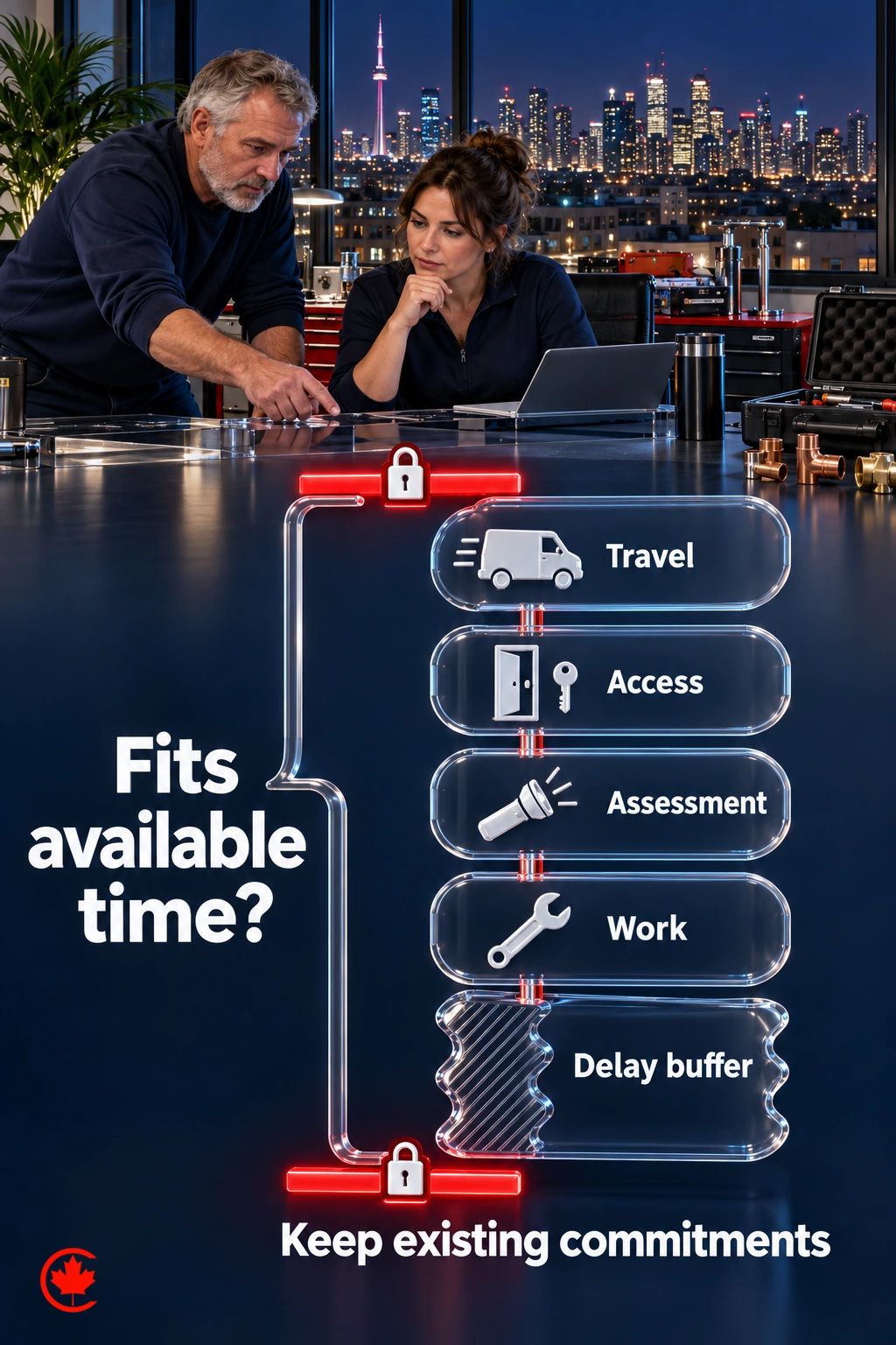 A plumbing dispatcher compares travel, access, assessment, work and a delay buffer with available time while protecting existing commitments.