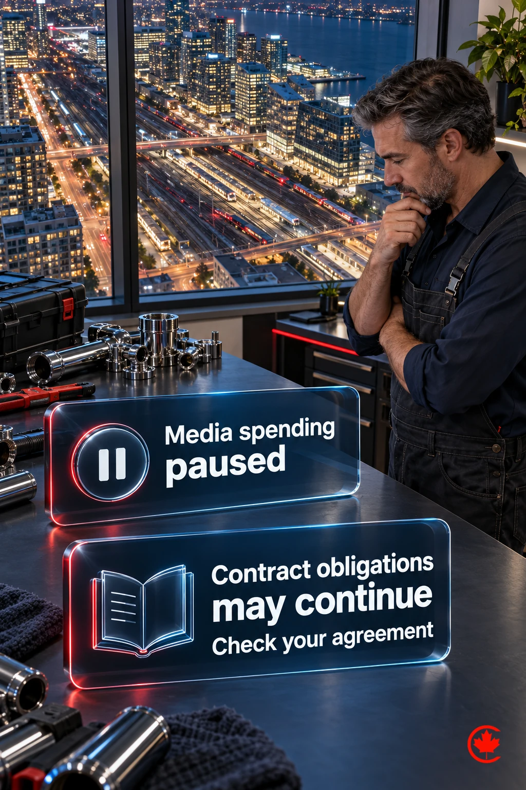 A plumbing owner compares paused media spending with contract obligations that may continue and checks the agreement.