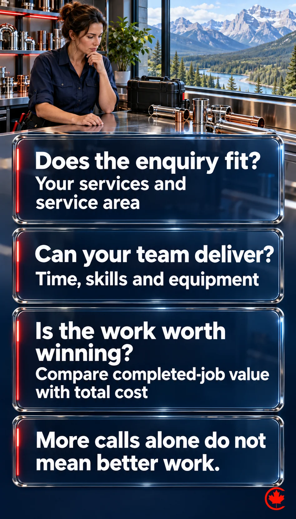 Plumbing owner reviewing whether enquiries fit the service area, the team can deliver and completed jobs justify the total cost, rather than judging marketing by call totals.