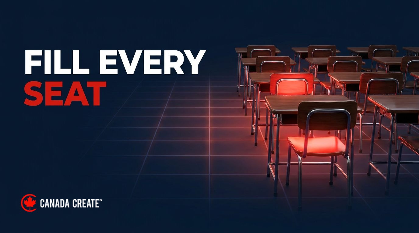 Fill every seat: rows of miniature classroom desks with the seats lighting up red from front to back