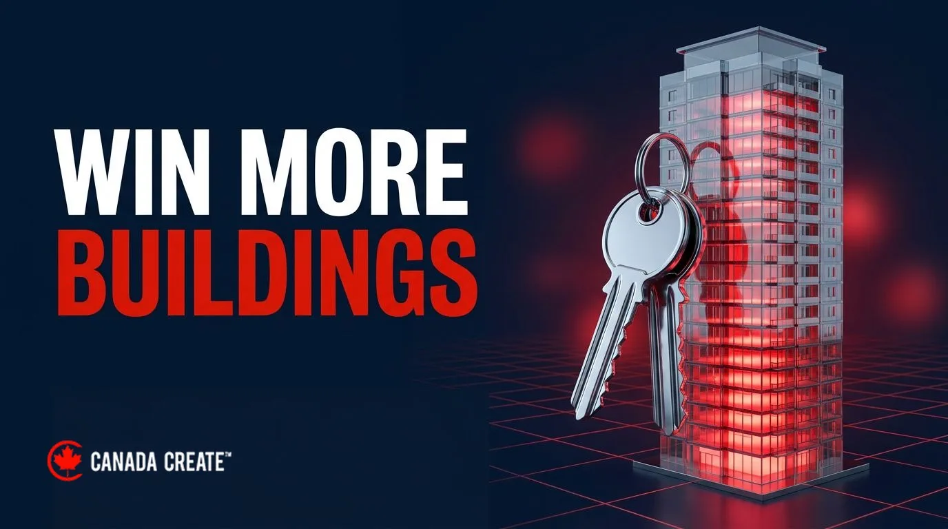 Win more buildings: a glass residential tower with windows lighting up red and a ring of chrome keys in front