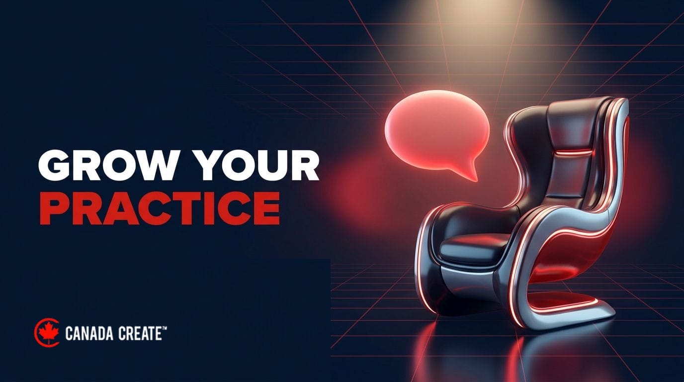 Grow your practice: a sculpted armchair facing a softly glowing red speech bubble under warm light