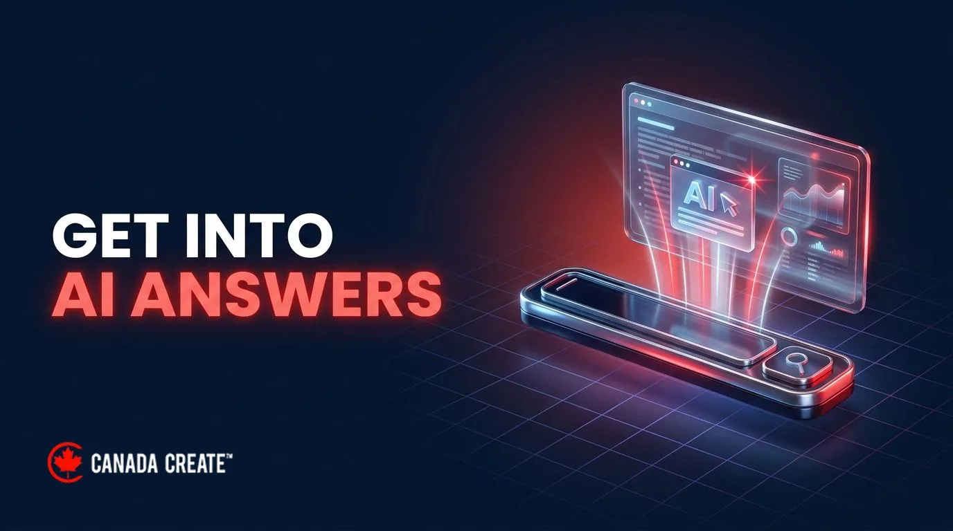 Get into AI answers: light beams lifting a web page card from a search bar into a glowing answer panel