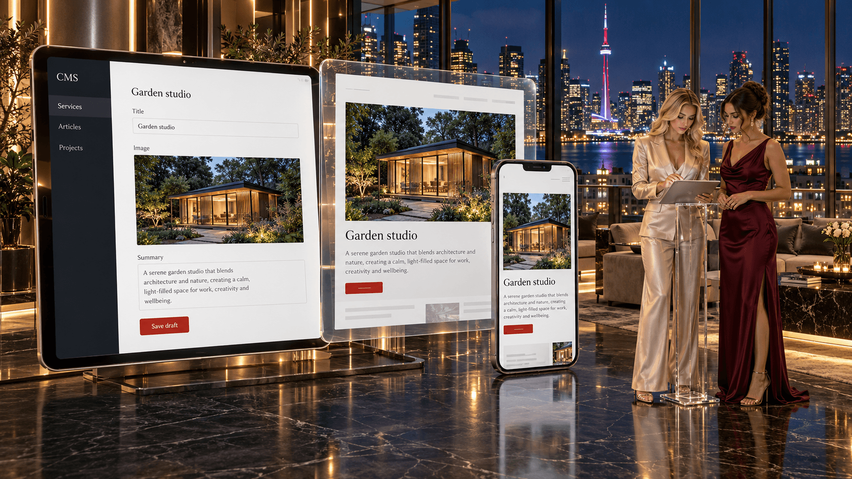 Webflow CMS editing concept with a Garden studio entry and matching desktop and mobile page previews.