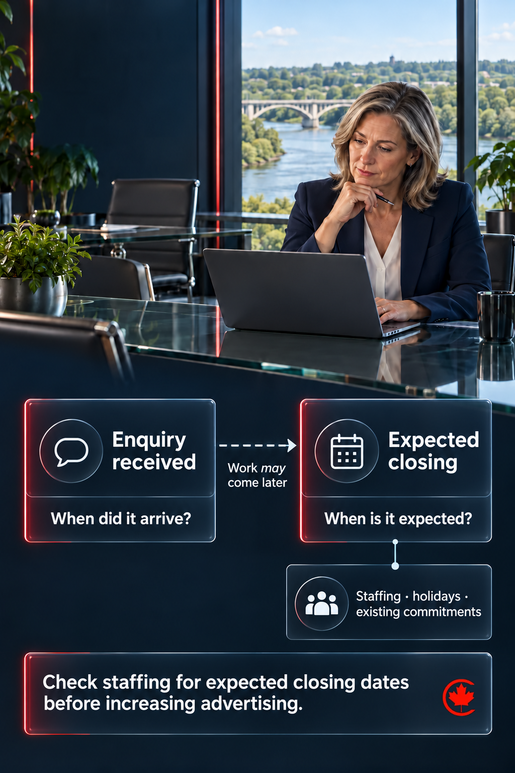 Real estate law firm owners are asked when an enquiry arrived and when the closing is expected, then reminded to check staffing for the expected closing dates before increasing advertising.