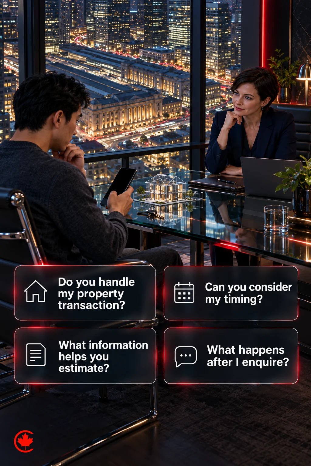 A prospective property client asks whether the firm handles their transaction, can consider their timing, what information helps an estimate and what happens after an enquiry.