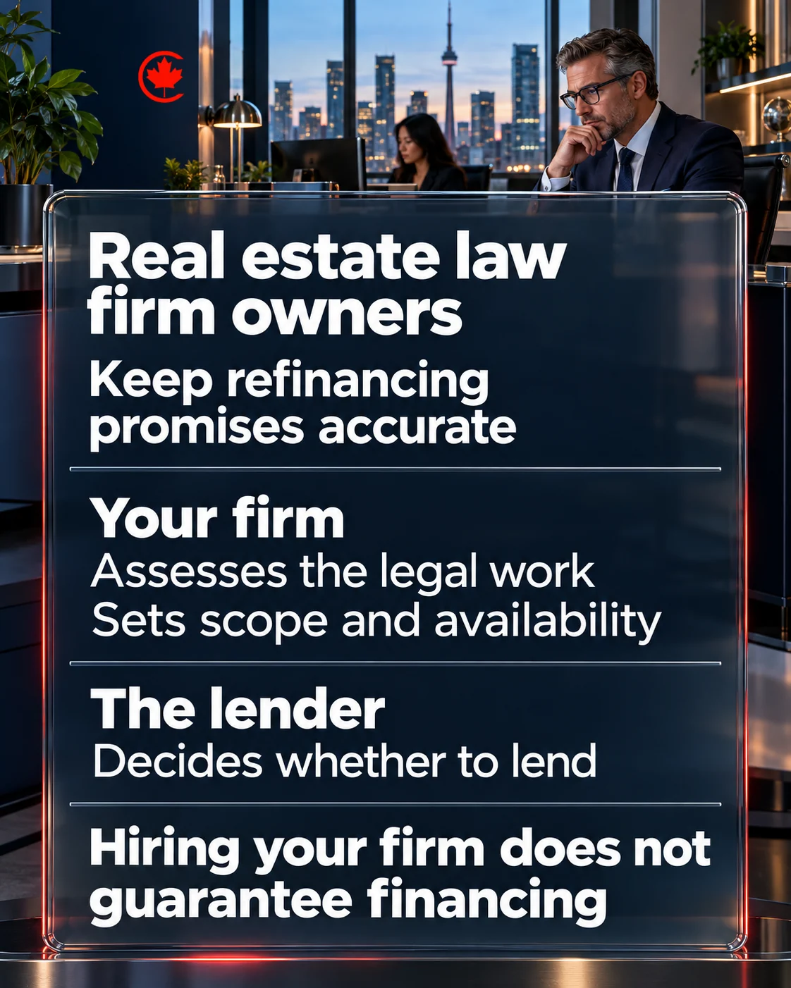 Refinancing responsibilities: the law firm assesses legal work and sets scope and availability; the lender decides whether to lend. Hiring the firm does not guarantee financing.