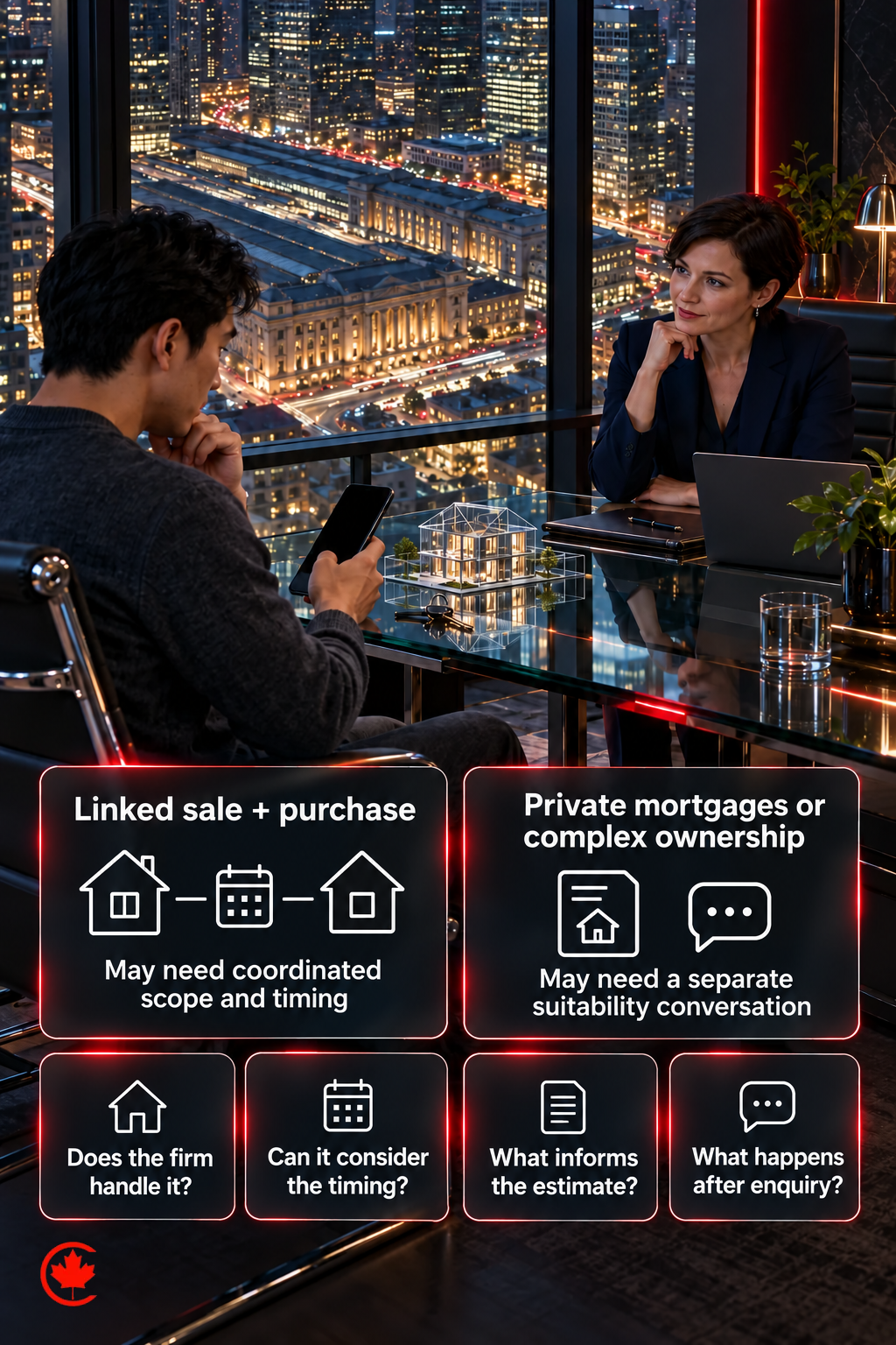 A prospective property client asks whether the firm handles their transaction, can consider their timing, what information helps an estimate and what happens after an enquiry.