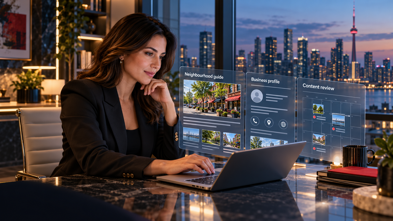 Real estate professional reviewing neighbourhood content, business-profile information and a content-refresh calendar.