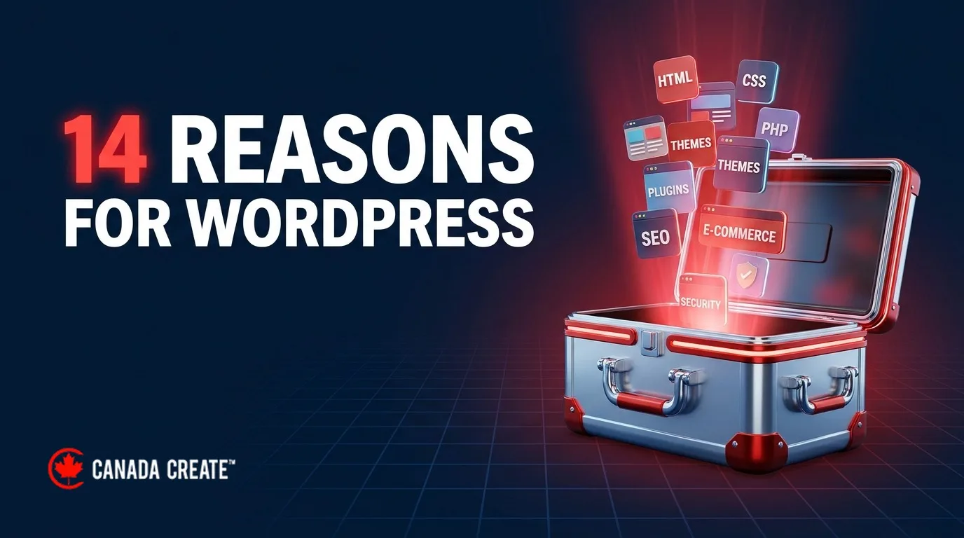 14 reasons for WordPress: a toolbox with glowing website blocks rising out