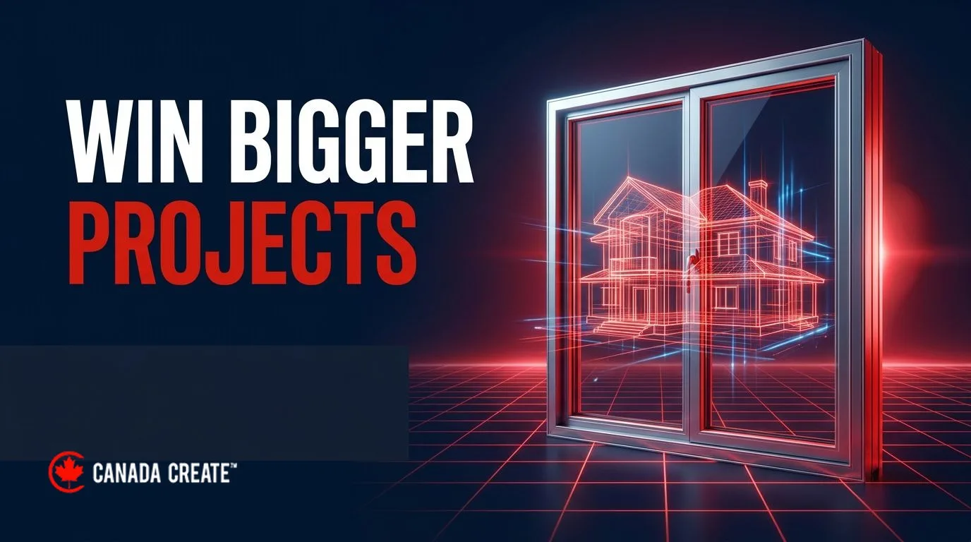Win bigger projects: a modern window frame with a red wireframe blueprint of a luxury house rising through it