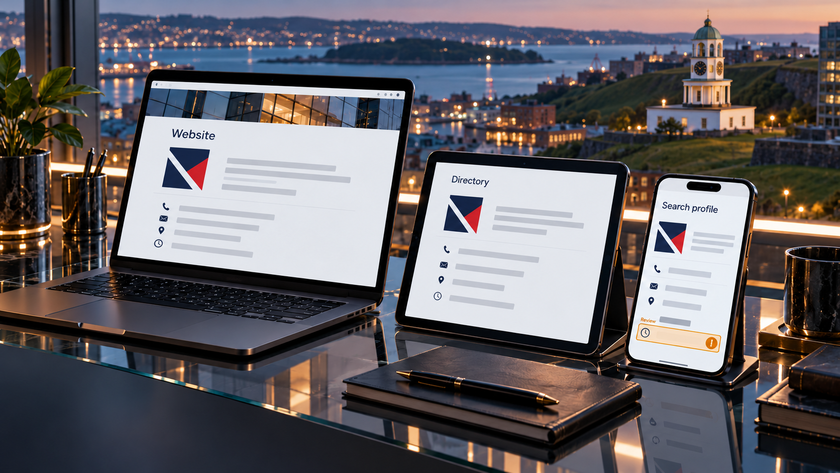Comparison of business website, directory and search-profile information for consistency.