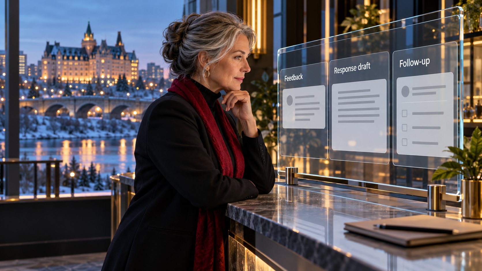 Business owner reviewing customer feedback, a response draft and a follow-up note.