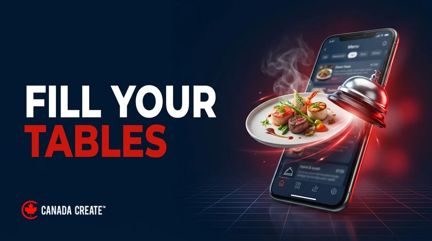 Fill your tables: a smartphone menu with a plated dish and service bell popping out