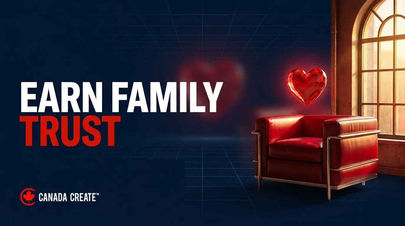 Earn family trust: a cushioned armchair beside a sunlit window with a red glass heart floating above the seat