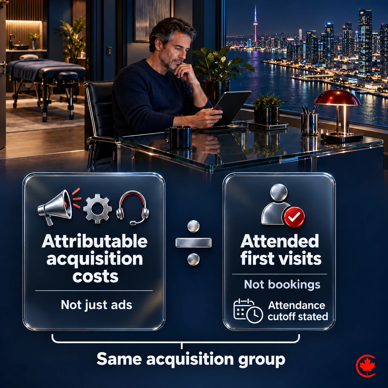 Attributable acquisition costs divided by attended first visits, with both tied to the same acquisition group and a stated attendance cutoff. The cost base is not ad spend alone and the denominator is not bookings.
