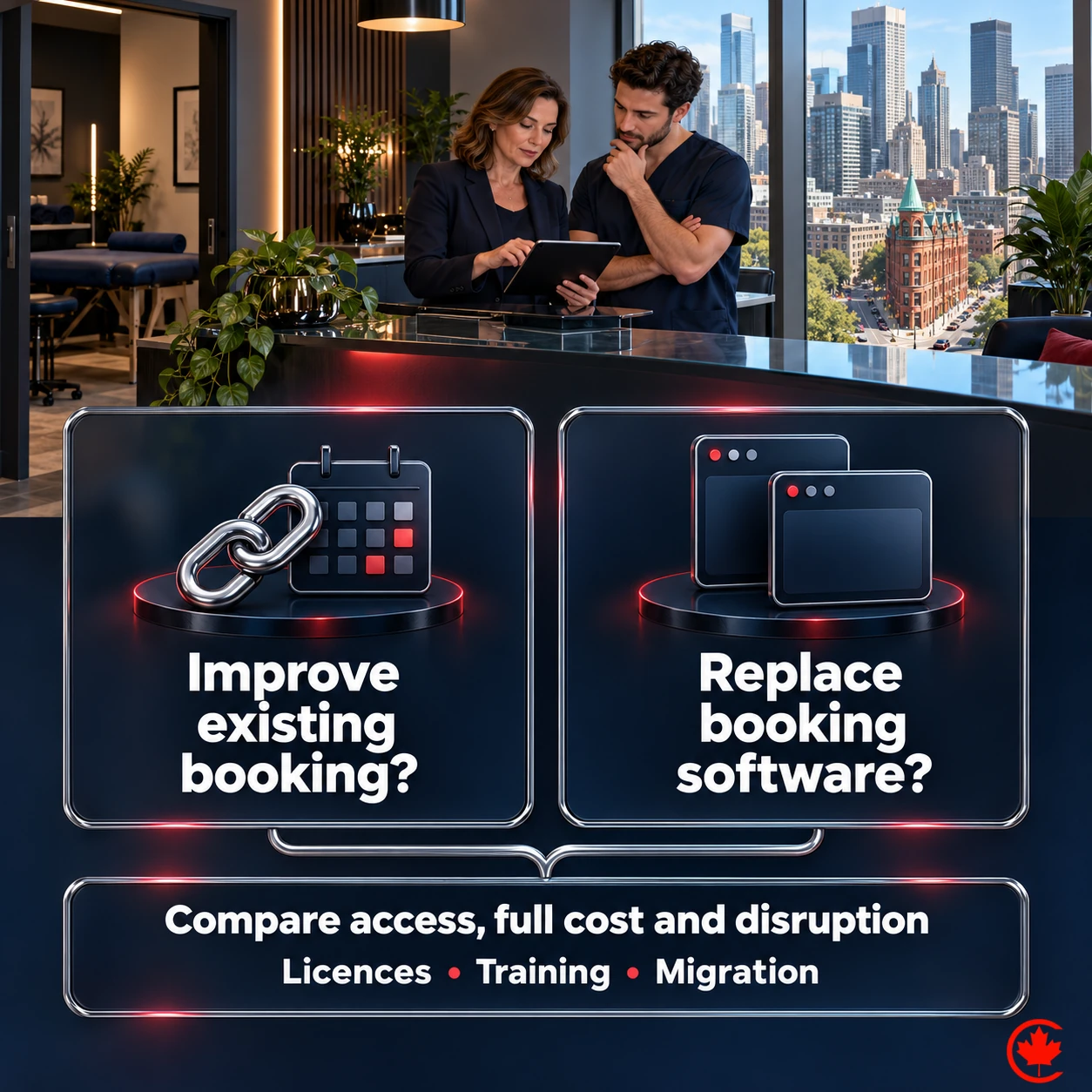 A comparison asks whether to improve existing booking or replace the software, with access, full cost, disruption, licences, training and migration to consider.
