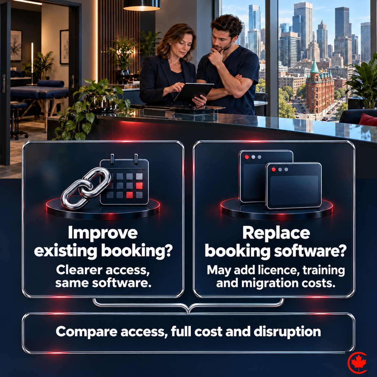 A comparison asks whether to improve existing booking or replace the software, with access, full cost, disruption, licences, training and migration to consider.