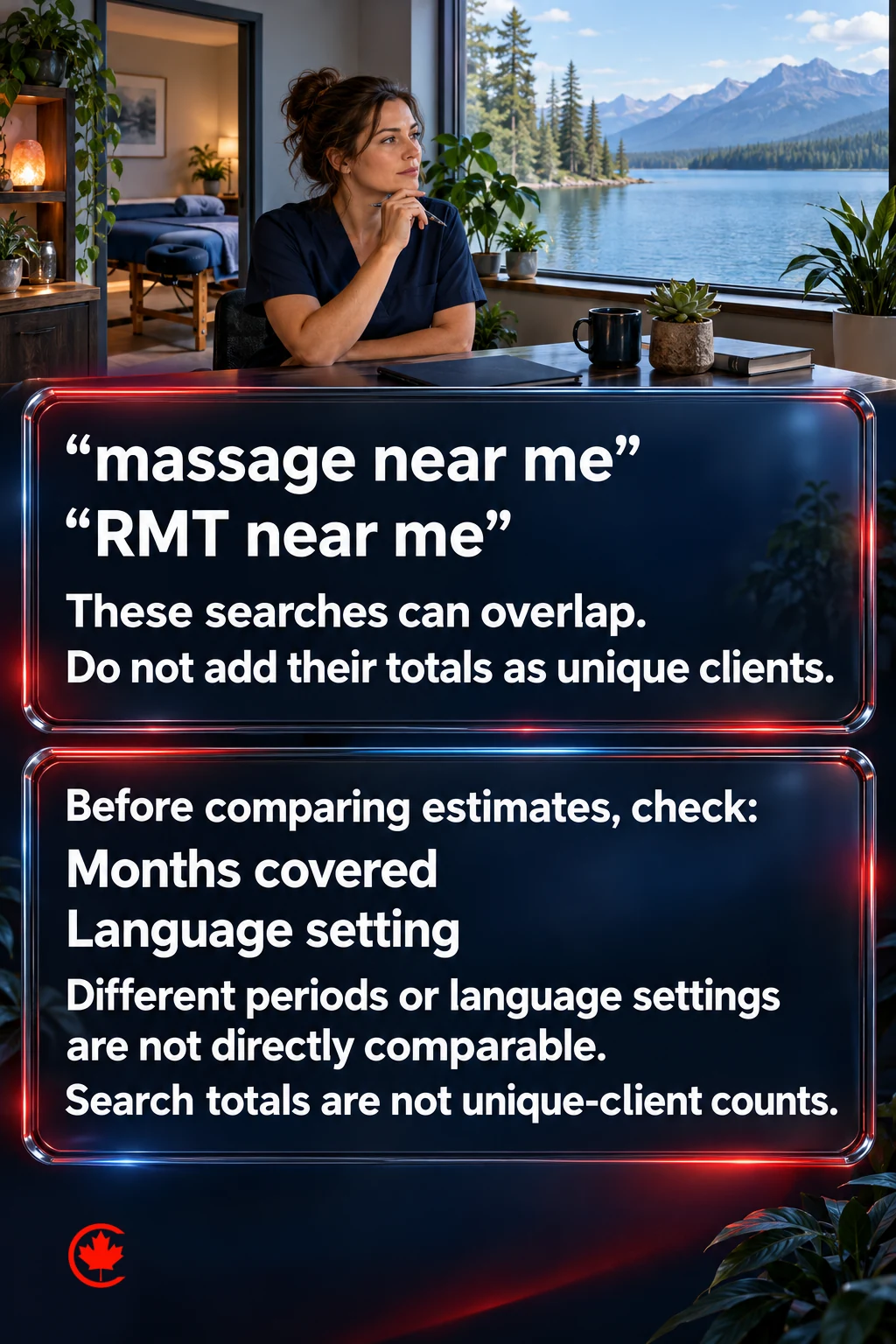 Two search-interpretation panels show that massage and RMT search phrases can overlap, so their totals cannot be added as unique clients. Before comparing estimates, check the months covered and language setting.