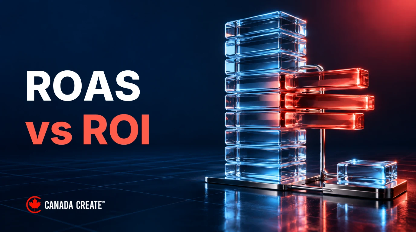 ROAS vs ROI: a tall glass revenue stack, separated red cost slabs and a smaller remaining block illustrate the difference.