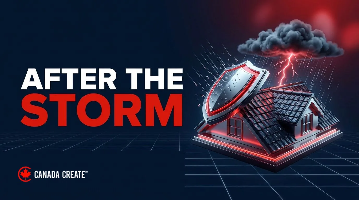 After the storm: a miniature roof under a storm cloud with a red lightning bolt and a chrome shield deflecting rain