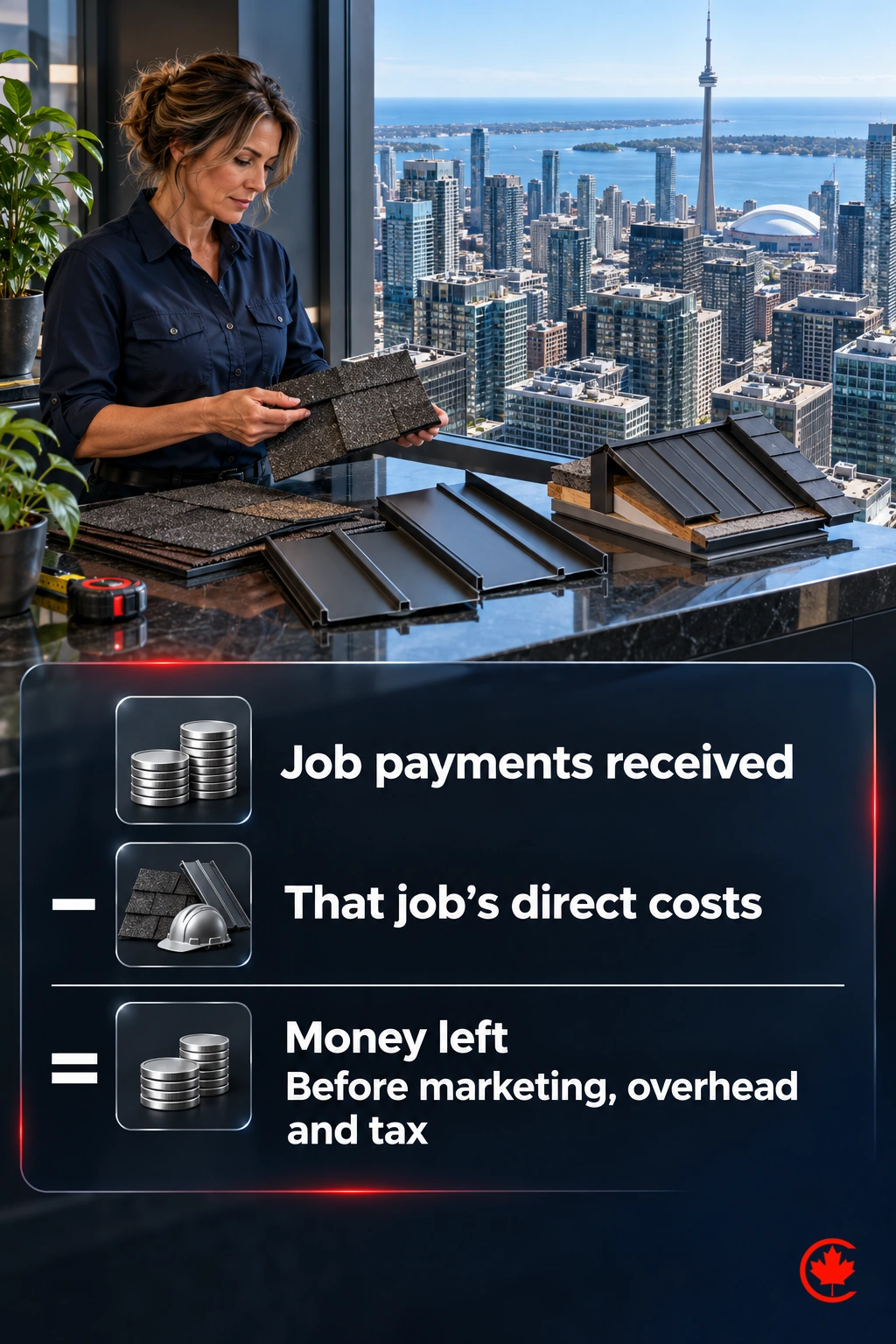 A roofing owner reviews payments received for one job minus that job’s direct costs, leaving money before marketing, overhead and tax.