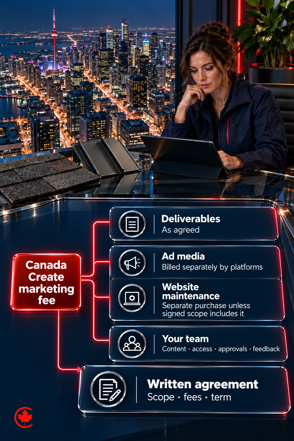 A roofing-business owner compares a marketing fee with what is included, excluded and required from their team, then checks scope, costs and term.