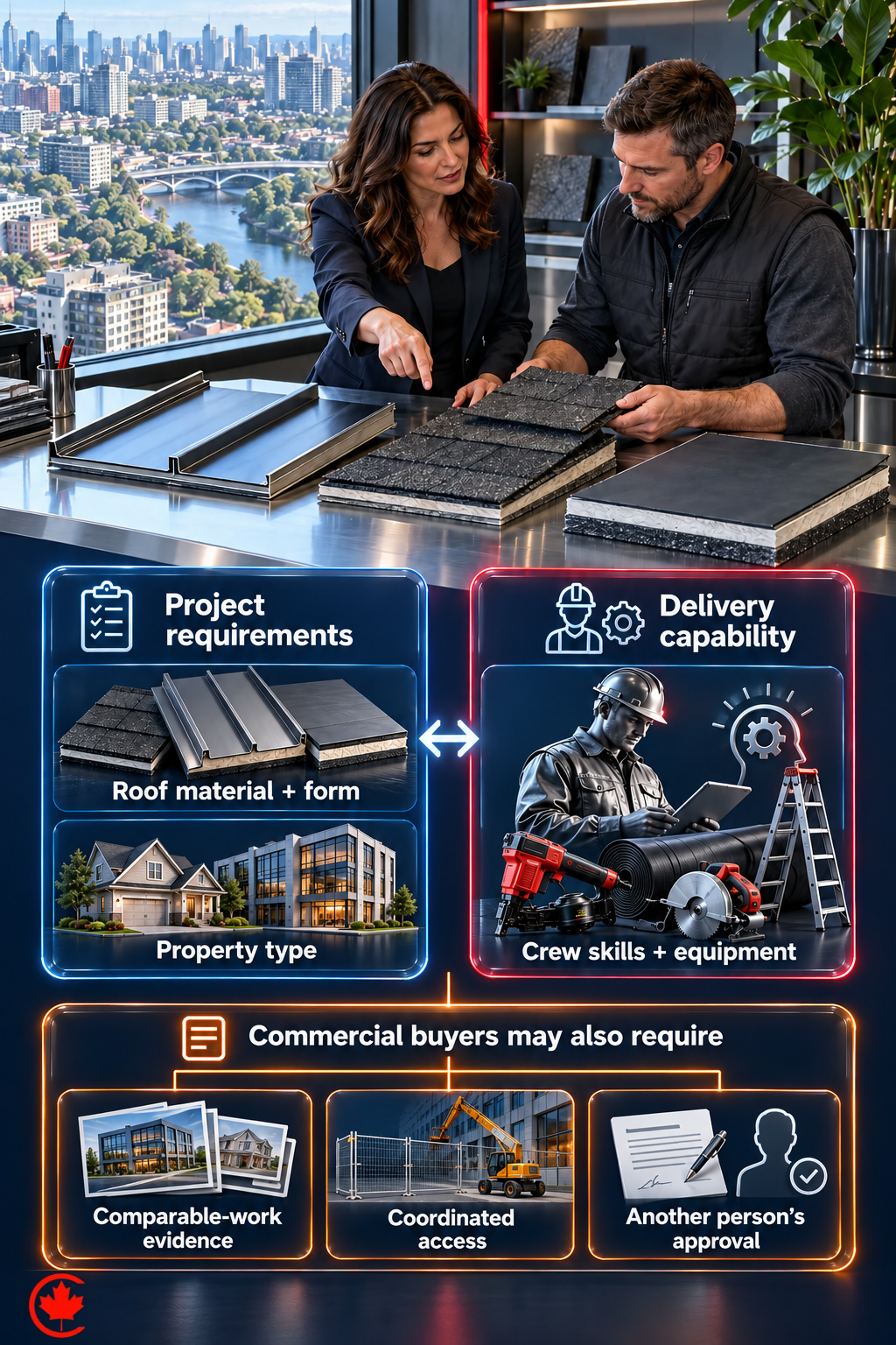 A roofing owner compares roof and property type with crew skills and equipment before seeking enquiries for work the team can deliver.