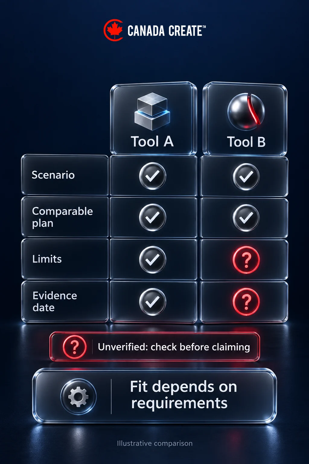 Fictional Tool A and Tool B comparison checklist includes scenario, comparable plan, limits and evidence date; unverified entries need checking.
