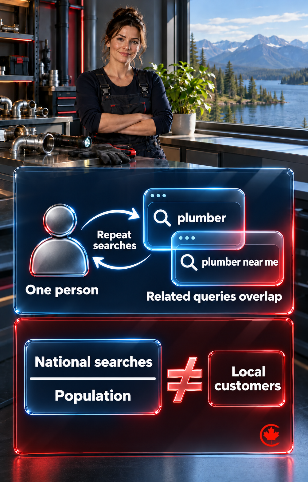 A plumbing-workshop scene explains why repeated searches and overlapping terms are not unique customers, and why national totals cannot be scaled by population to forecast local customers.
