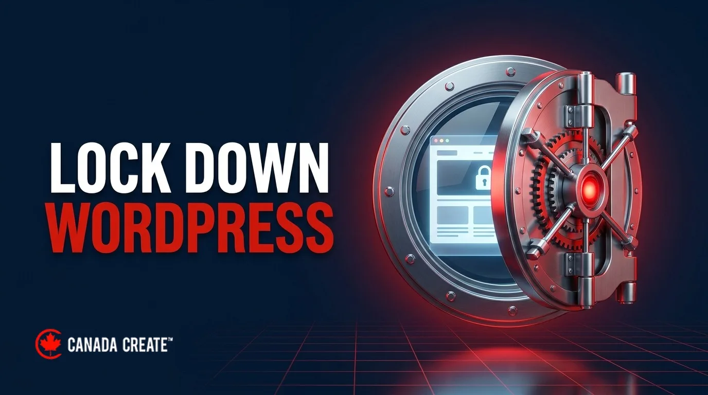 Lock down WordPress: a website window inside a steel vault door with a red lock light