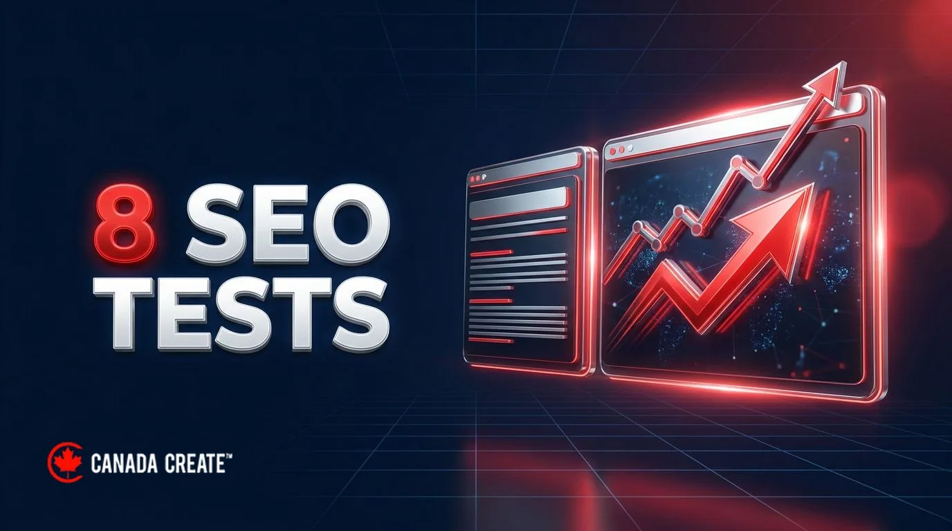 8 SEO tests: two webpage variants side by side, the winner glowing with a red upward arrow