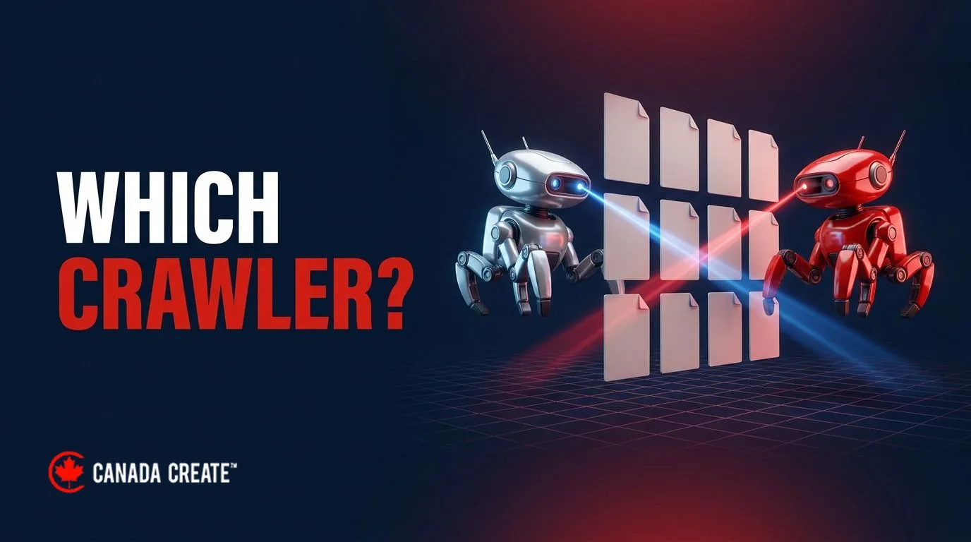 Which crawler: two small robot crawlers facing off across a grid of page cards