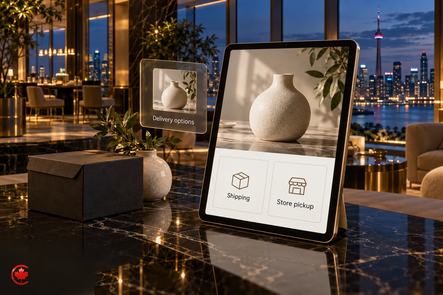 Shopify delivery-selection concept with shipping and store-pickup options beside a parcel and ceramic vase.