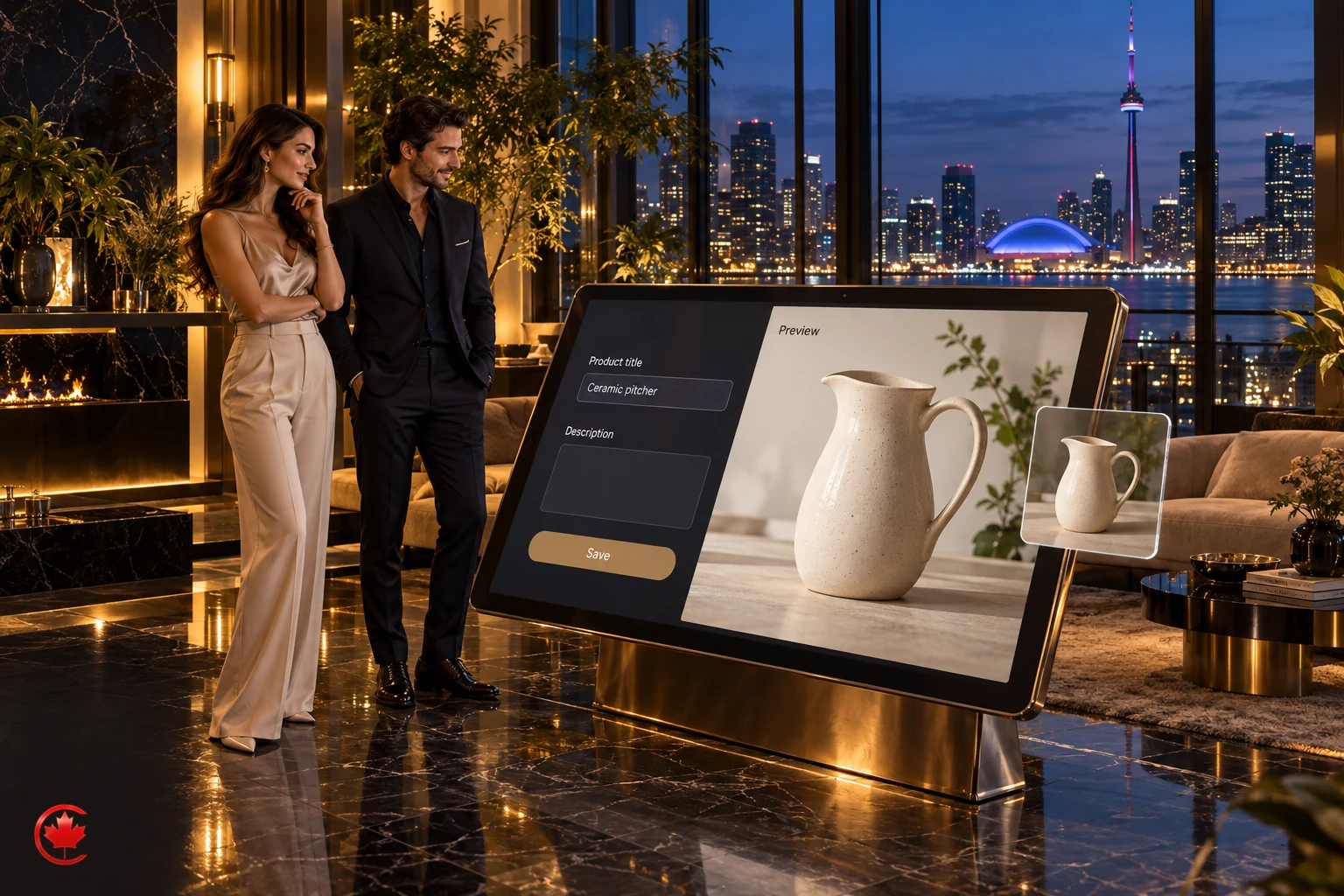 Shopify product-editing concept with title and description fields beside a matching ceramic pitcher preview.