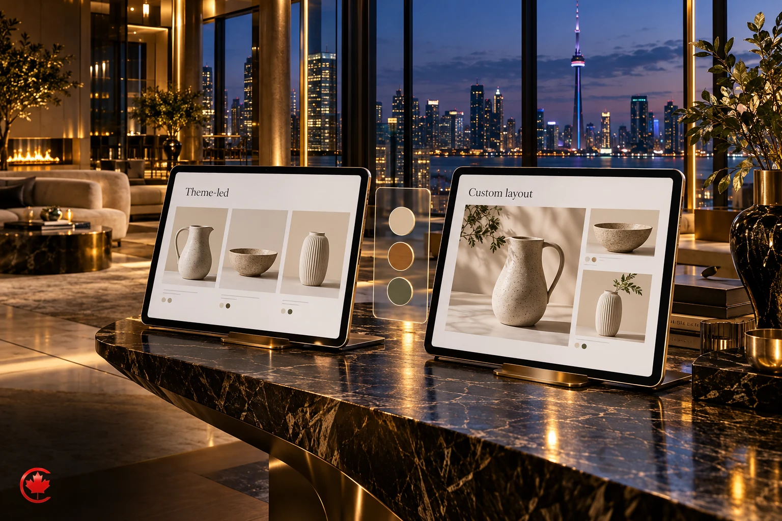 Shopify theme-led and custom storefront design concepts showing the same ceramic pitcher, bowl and vase.
