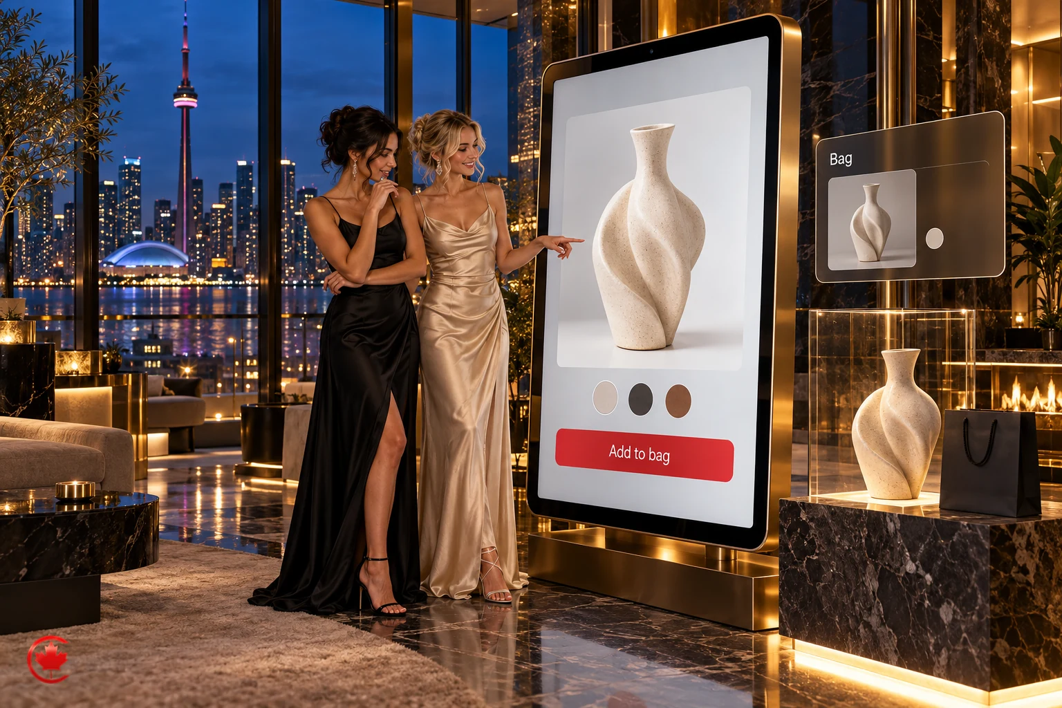 Shopify storefront design concept with a ceramic vase product page, colour options and matching shopping bag.