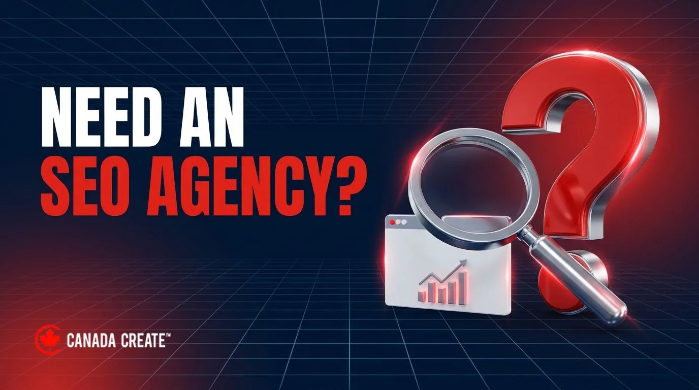 Need an SEO agency: a red question mark beside a magnifying glass examining a website card