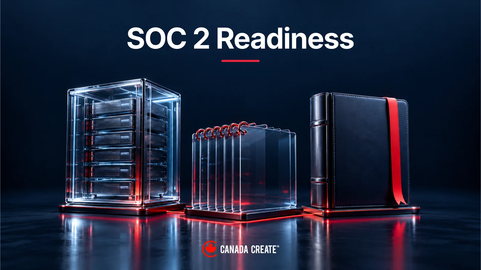 SOC 2 readiness illustrated by a glass server enclosure, evidence folios and a handoff binder.