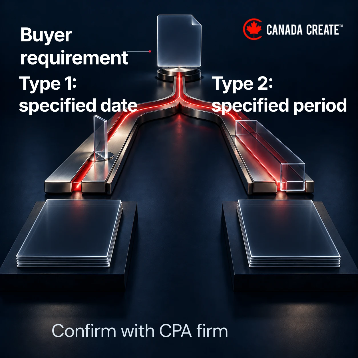 A report choice branches to Type 1 at a specified date and Type 2 over a specified period.
