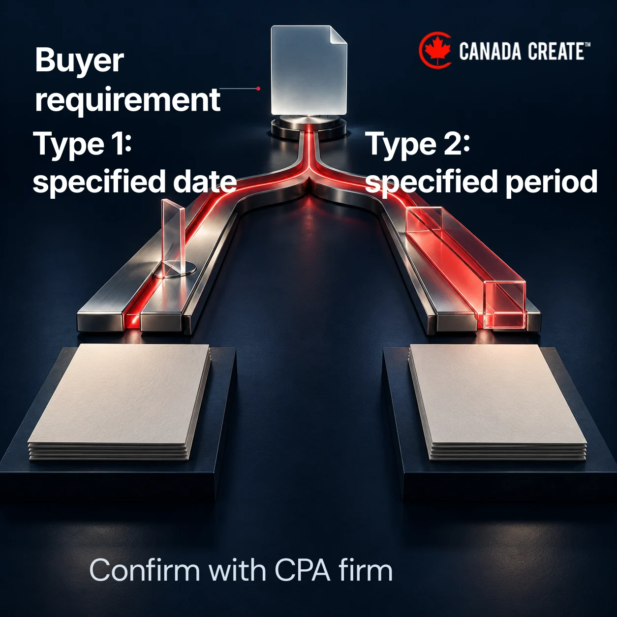 A report choice branches to Type 1 at a specified date and Type 2 over a specified period.