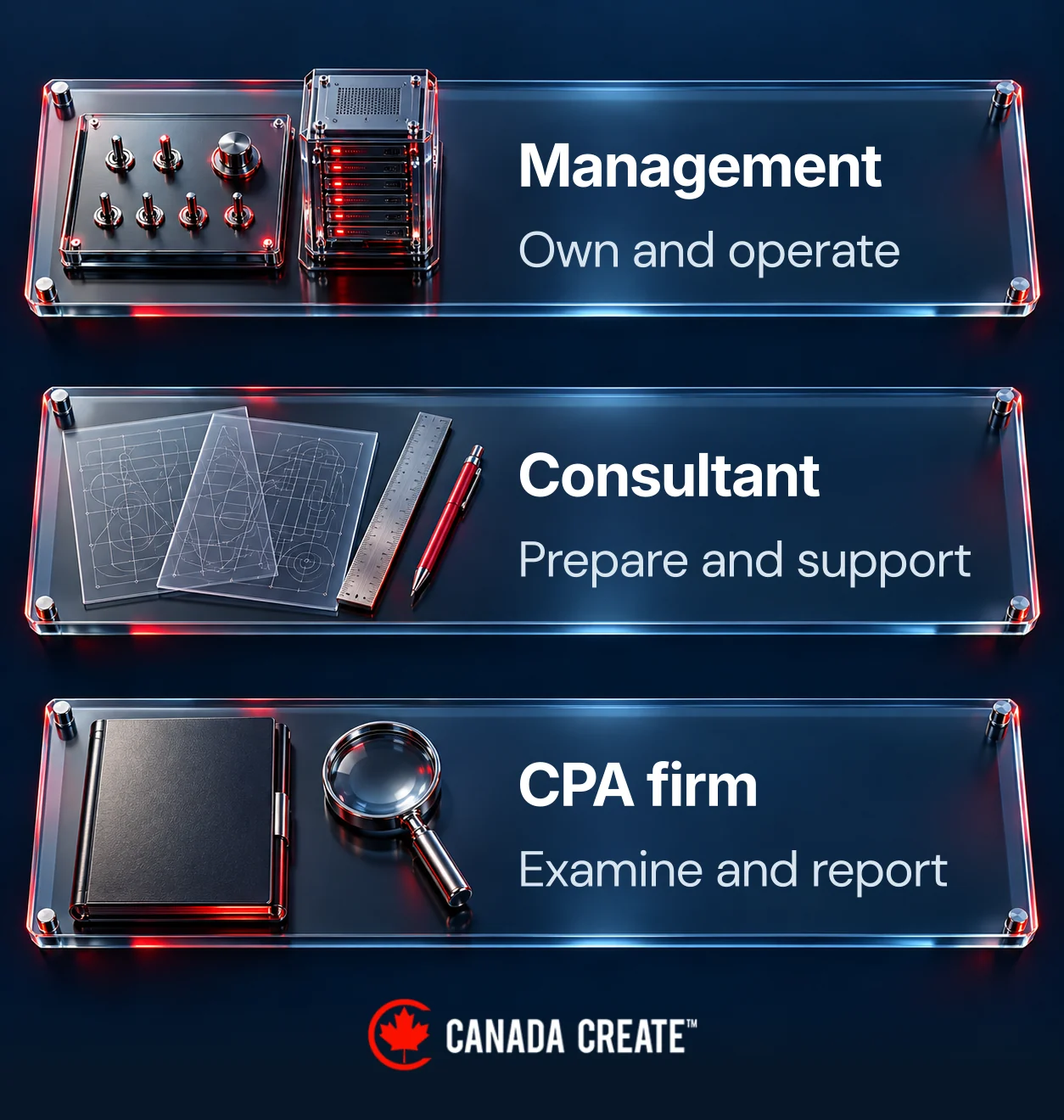 Three lanes separate company management, the readiness consultant and the independent CPA firm.