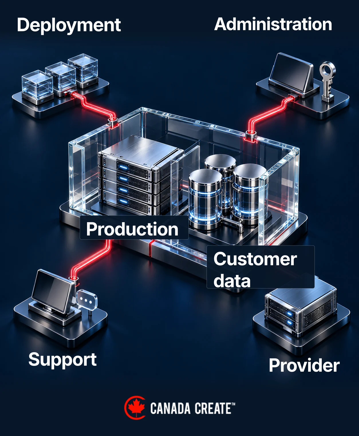 A SaaS boundary includes production and data, with deployment, administration, support and provider connections crossing it.
