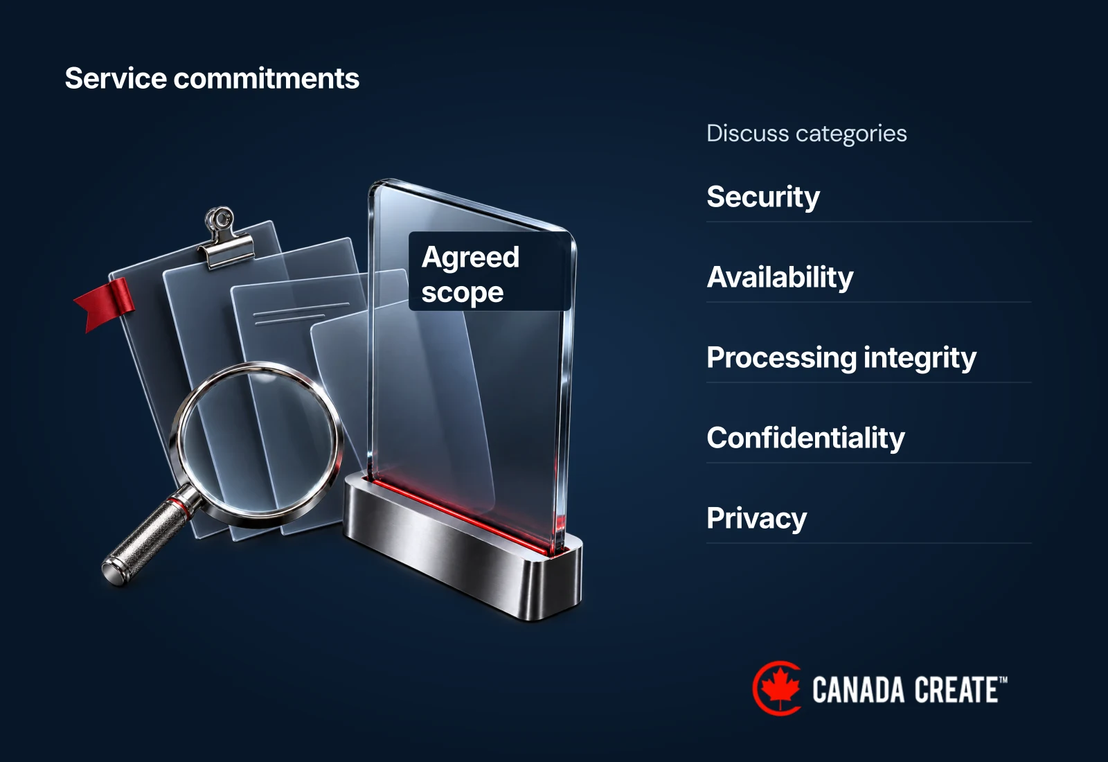 Service commitments inform a discussion of the five trust services categories and the agreed report scope.