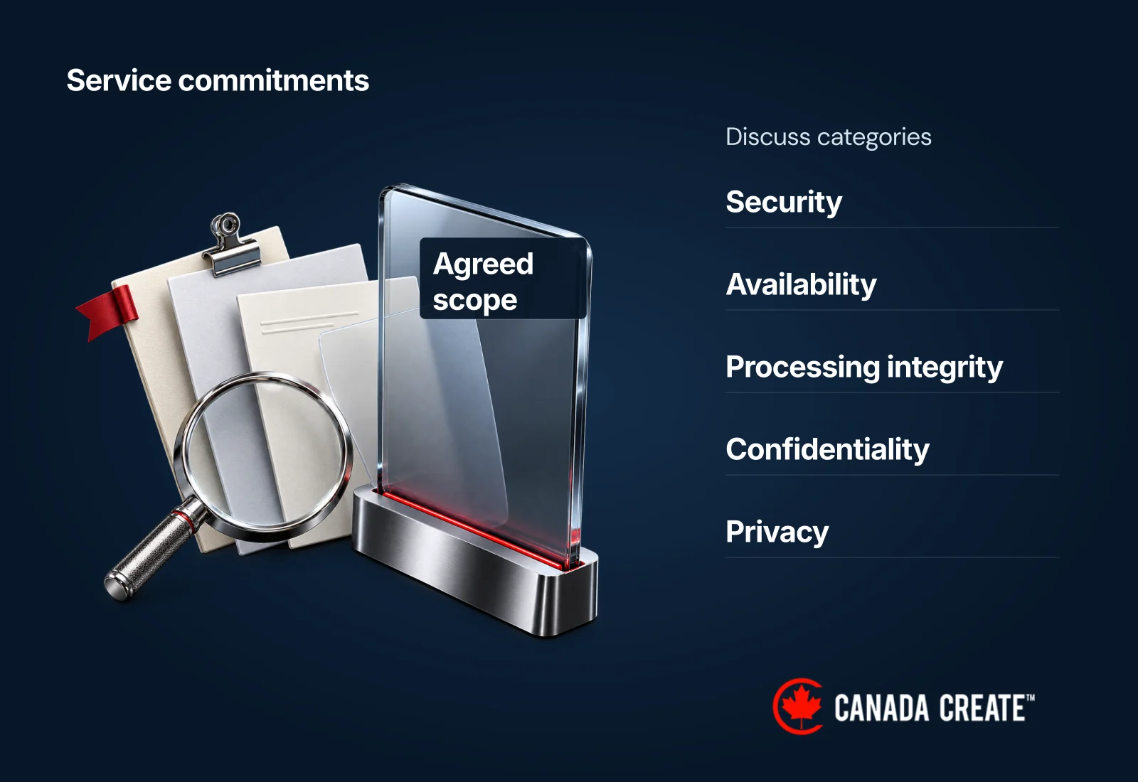 Service commitments inform a discussion of the five trust services categories and the agreed report scope.