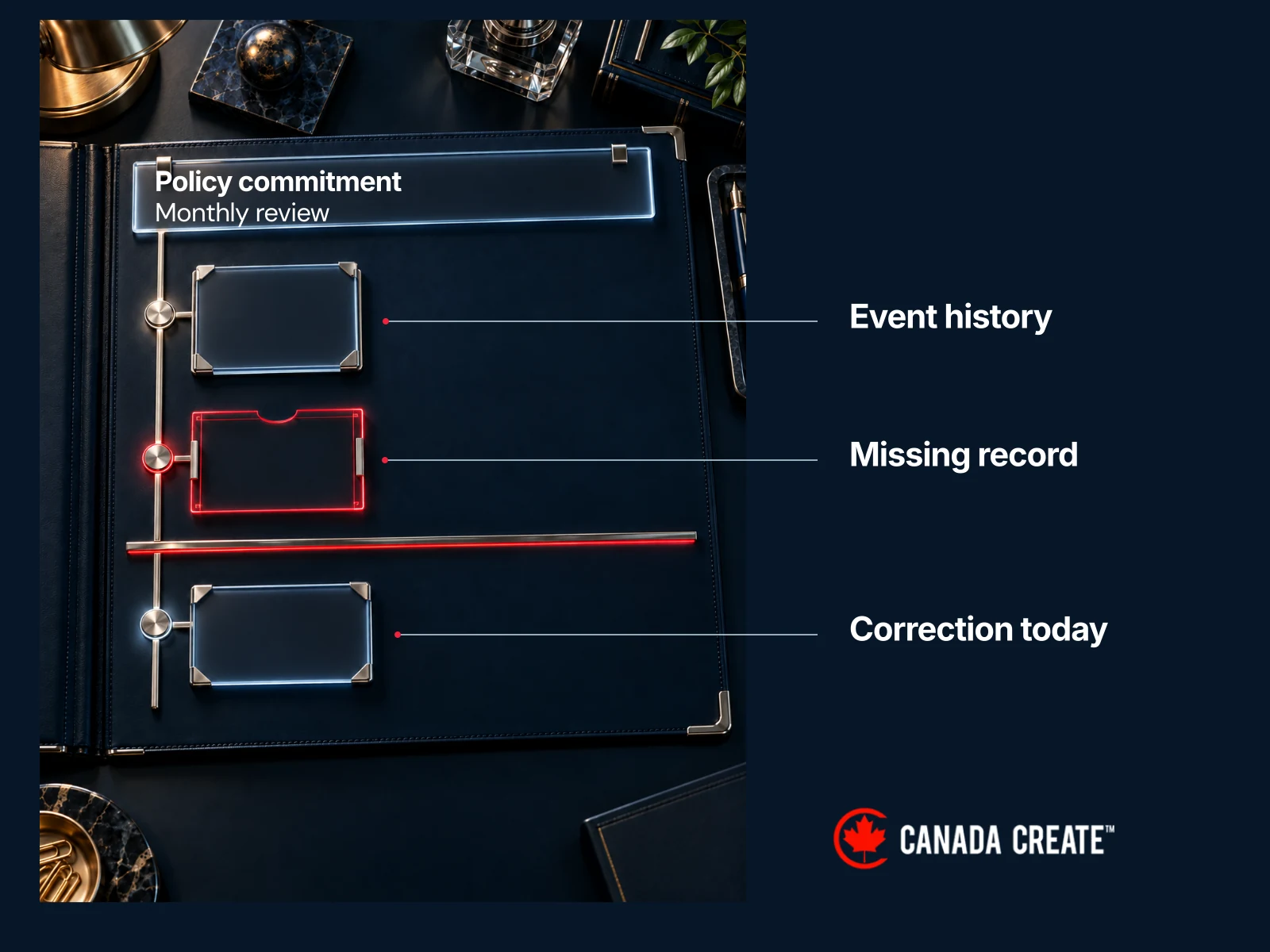A policy commitment is compared with event history, revealing a missing record and a separately dated correction.