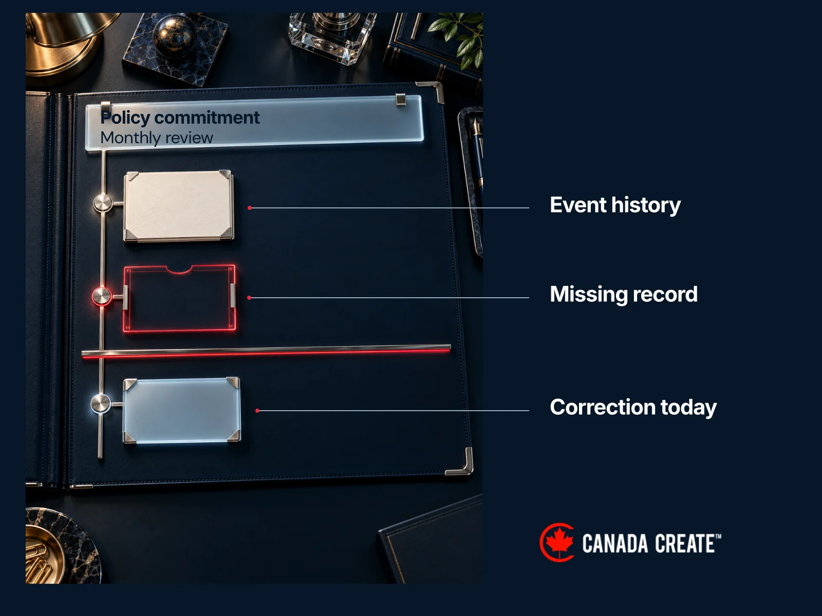 A policy commitment is compared with event history, revealing a missing record and a separately dated correction.