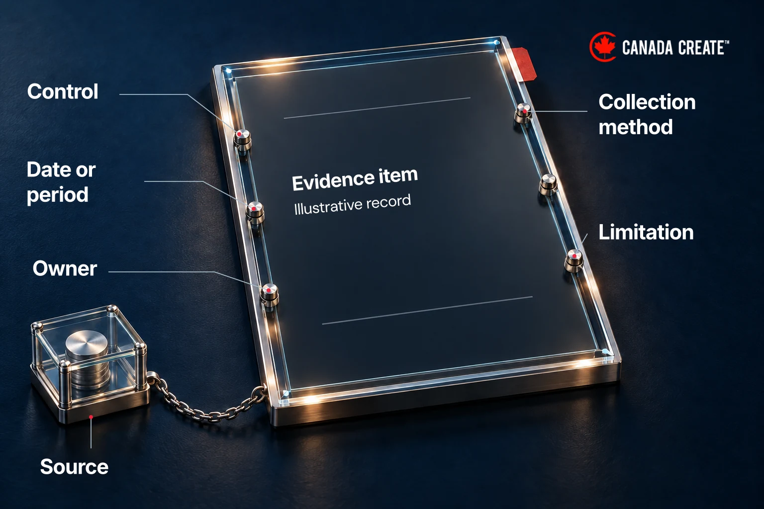 An evidence record is labelled with its control, source, date or period, collection method, owner and limitations.
