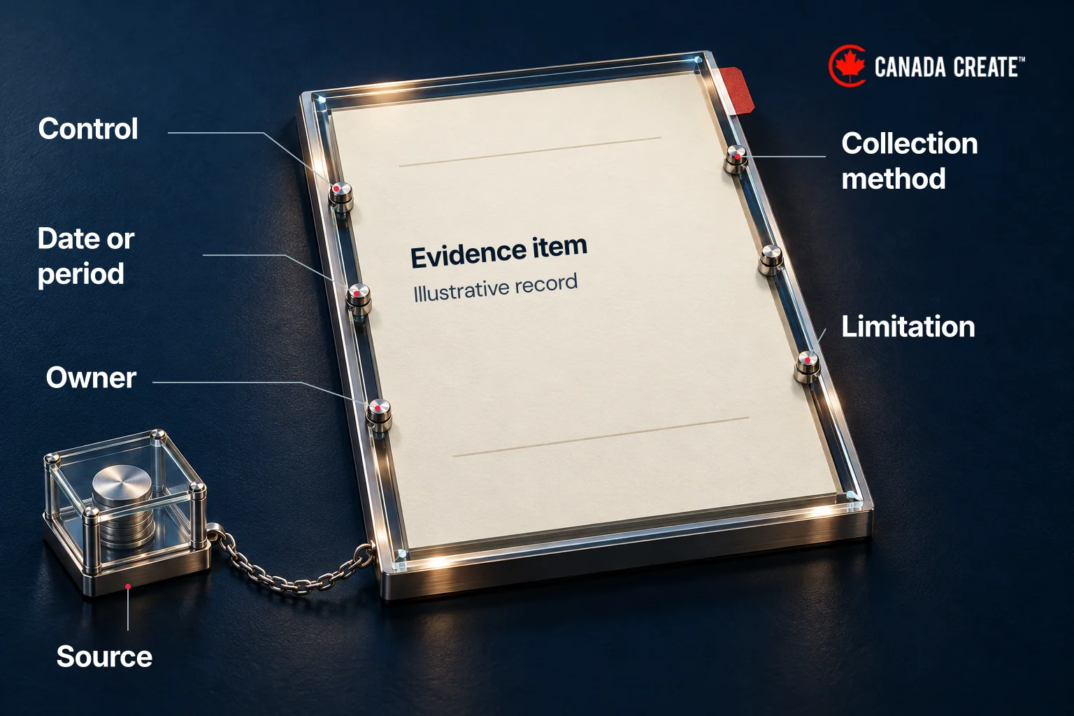 An evidence record is labelled with its control, source, date or period, collection method, owner and limitations.